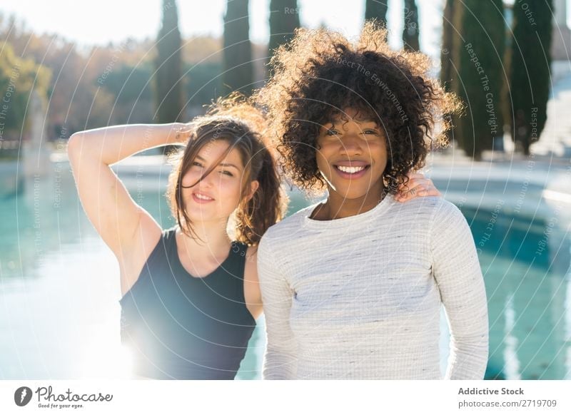 Cheerful women standing on street together Woman pretty Beautiful Youth (Young adults) Pond Park Cool (slang) City Town Style Portrait photograph Human being