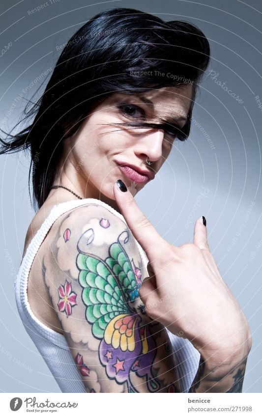 rock it Woman Human being Tattoo Tattooed Tattoo artist Portrait photograph Young woman European Isolated Image segregated White Background picture Feminine