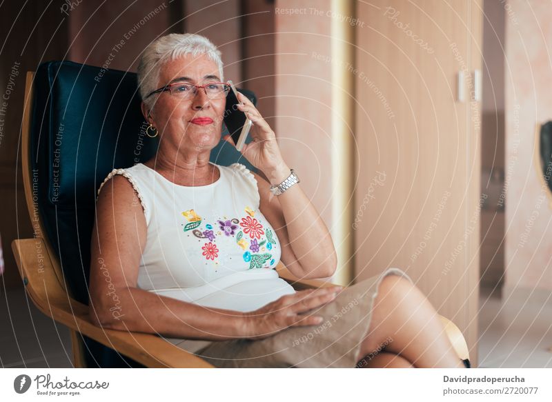 Elderly woman on the mobile phone at home Woman grey hair Cellphone PDA Old Home Communication retired Human being Technology Leisure and hobbies Sit