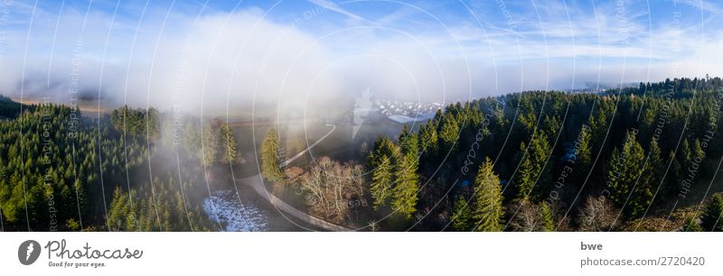Aerial view out of the clouds Environment Nature Landscape Plant Sky Clouds Winter Climate Beautiful weather Forest Village Populated