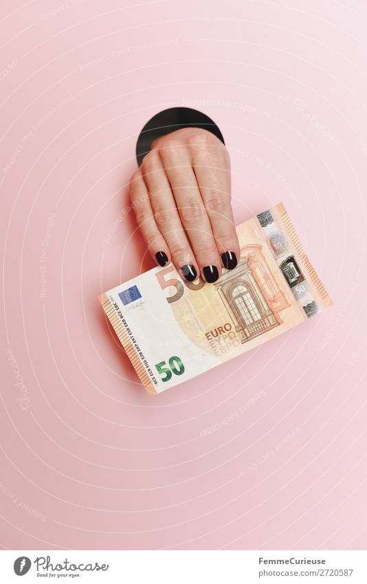 Hand of a woman holding a 50 Euro note Feminine 1 Human being Financial Industry Euro bill € Money Bank note Share Pink To hold on Circle Fingers Nail polish