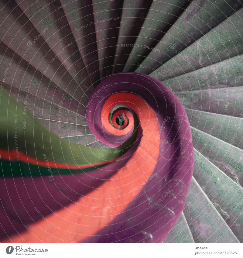 spiral staircase Stairs Winding staircase Round Gray Green Violet Orange Colour Perspective Go up Descent Old Colour photo Interior shot Deserted