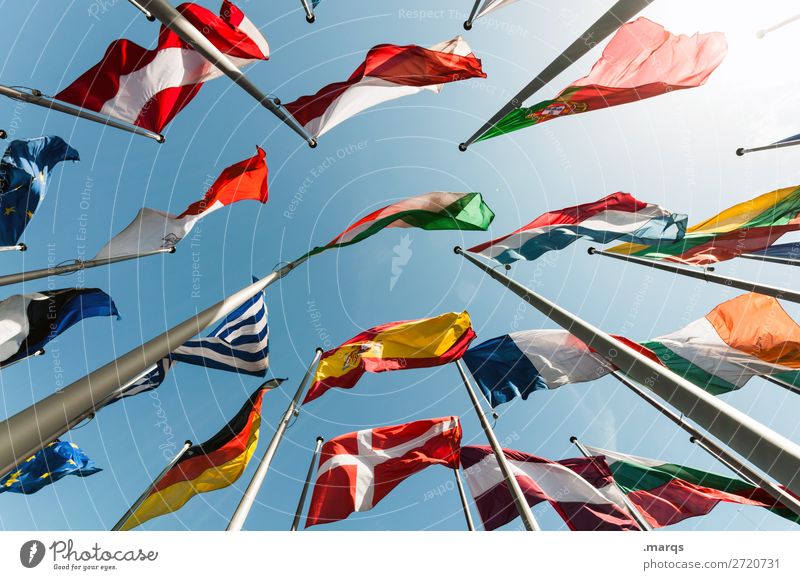 flags Cloudless sky Sign Flag Perspective Politics and state Europe Germany Greece France Austria Denmark Portugal Spain Poland Alliance Colour photo