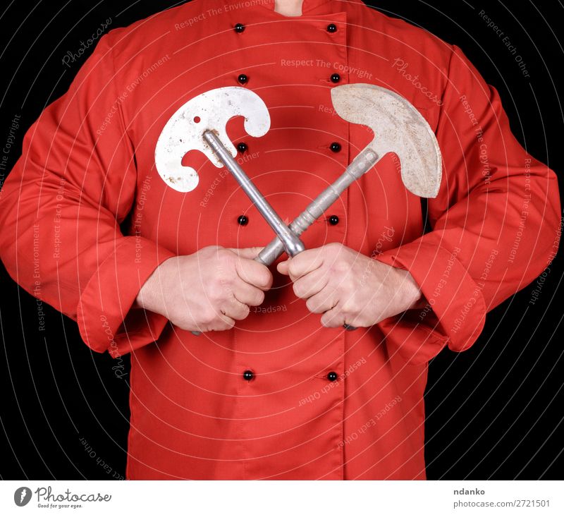 chef in red textile uniform holding old metal knives Meat Knives Body Kitchen Work and employment Cook Man Adults Hand Metal Steel Red Black White big blade