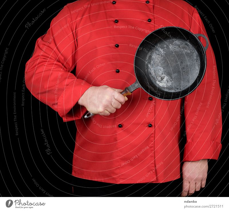 cook in red uniform holding frying pan Pan Kitchen Restaurant Profession Cook Human being Man Adults Hand Clothing Red Black Cast iron Caucasian chef cooking