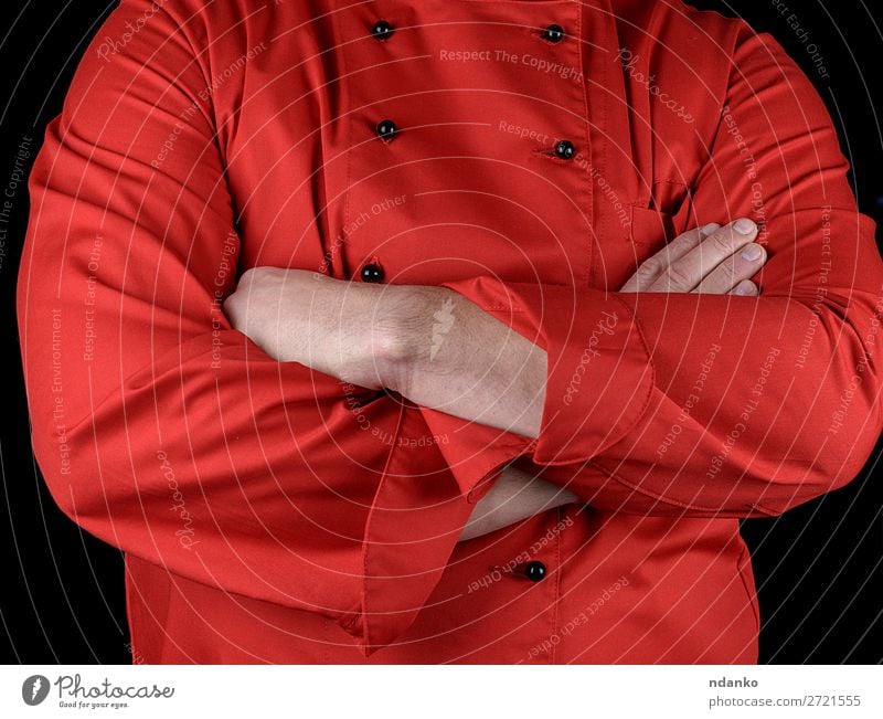 chef in red uniform crossed his arms over his chest Elegant Style Kitchen Restaurant Profession Cook Human being Man Adults Hand Clothing Jacket Red Black