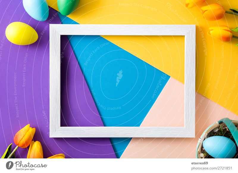 Easter concept.wooden empty frame with easter eggs and tulips Egg Neutral Background Background picture Vacation & Travel Feasts & Celebrations Public Holiday
