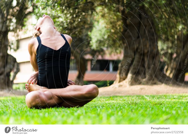 Back view of unrecognizable people performing Padmasana yoga pose on wooden  platform during outdoor training with female instructor in garden stock  photo