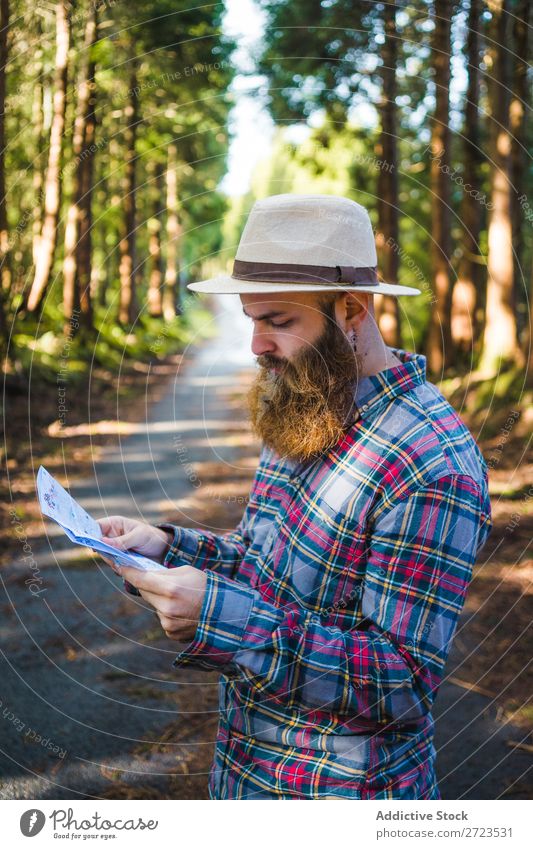 Man navigating on road in woods Tourist Nature Navigation PDA Sunbeam Street using browsing bearded Forest Green Vacation & Travel Adventure Landscape Hiking