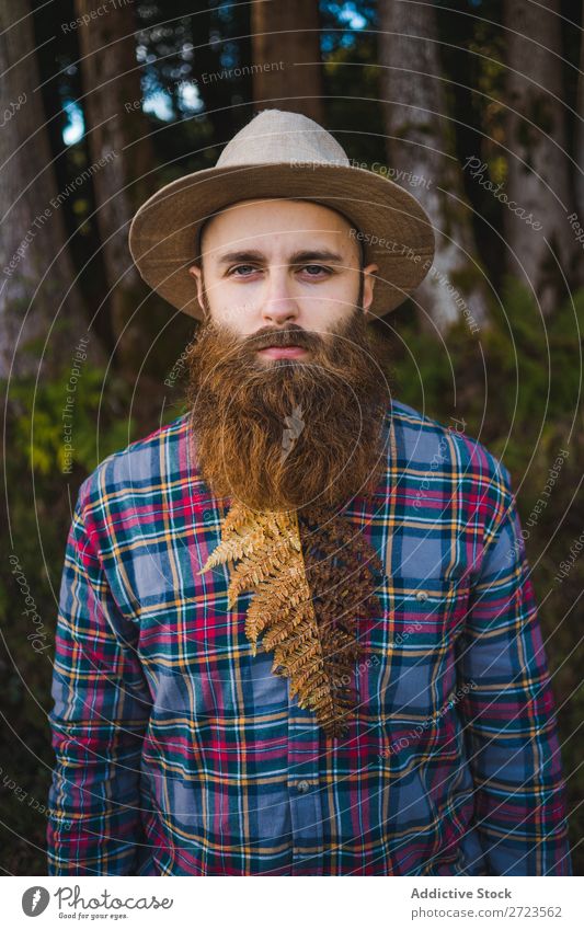 Man with brown leaf in beard Tourist Nature bearded Leaf Brown Conceptual design Hat Forest Green Vacation & Travel Adventure Landscape Azores Hiking