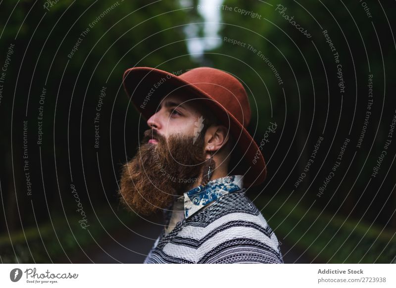 Bearded man in hat on road Tourist Nature Man bearded Forest Green Hat Street Vacation & Travel Adventure Landscape Hiking Exterior shot Vantage point Azores