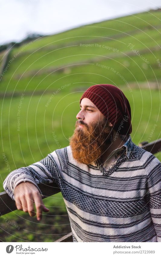 Bearded man at fence on field Tourist Nature Man bearded Fence Field Wood Looking into the camera Green Vacation & Travel Adventure Landscape Hiking Azores