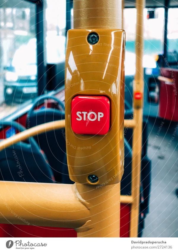 Bus stop button in london Car Transport Buttons Stop Mechanism Great Britain Public transit London Close-up Vertical Signal Trip Pushing Red Yellow England