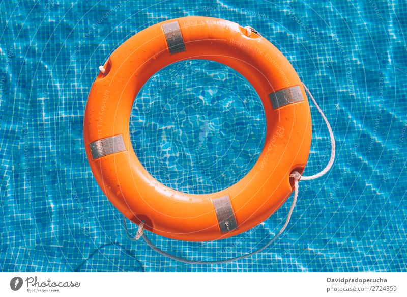Lifesaver in the swimming pool lifesaver Swimming pool Lifebuoy Safety safe Float in the water Sunlight Help aid Buoy SOS Summer Emergency Safety (feeling of)