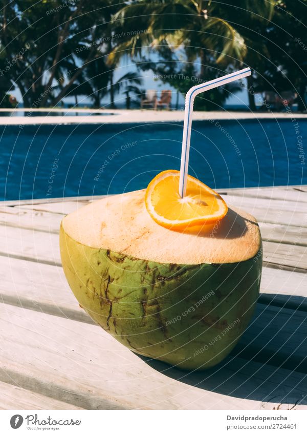 Fresh coconut by the swimming pool Maldives Coconut Orange Fruit Juice Healthy Vacation & Travel Drinking Resort Relaxation Island Idyll Luxury scenery Rest