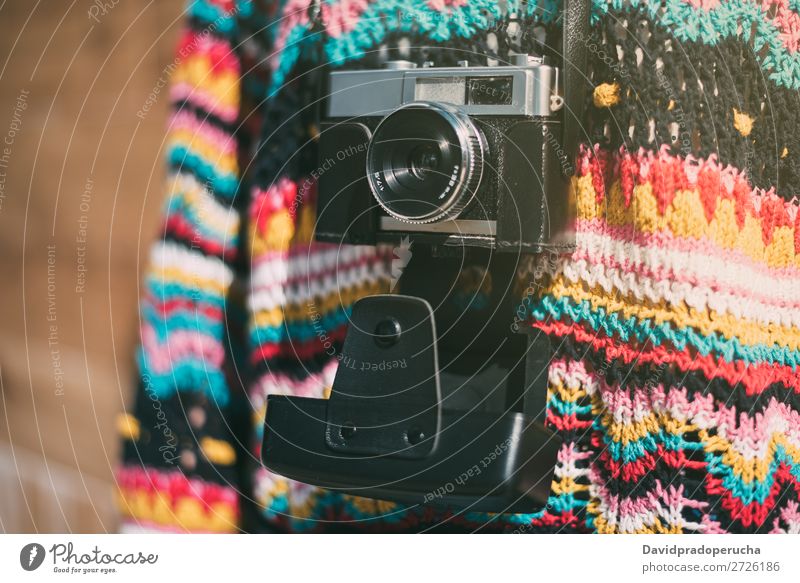 cropped woman with vintage old camera and colorful sweater Vintage Camera Retro Woman Old Youth (Young adults) Partially visible reel Anonymous Unrecognizable