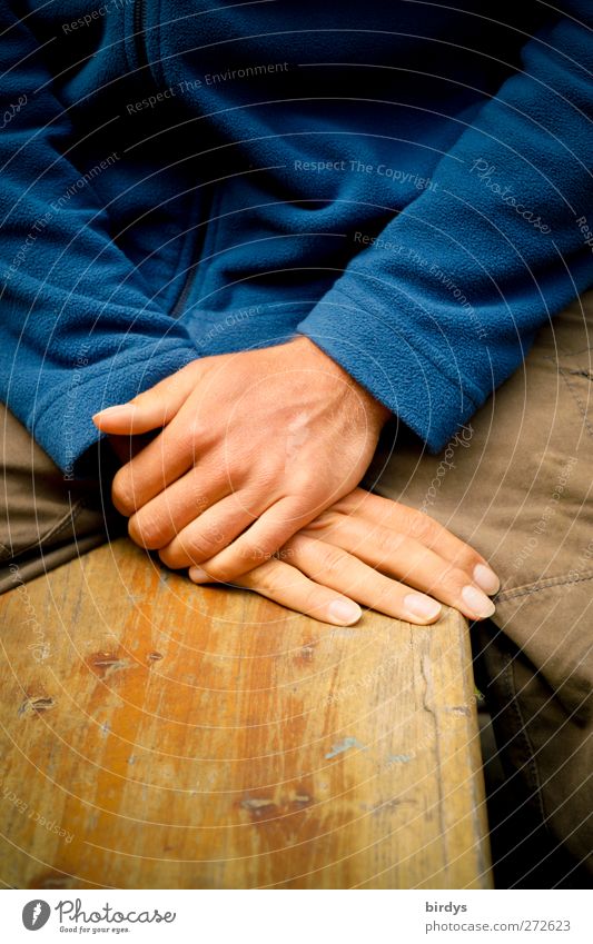 hands Young man Youth (Young adults) Hand 1 Human being Sweater Sit Esthetic Blue Yellow Contentment Patient Calm Fingers Ale bench Colour photo Exterior shot