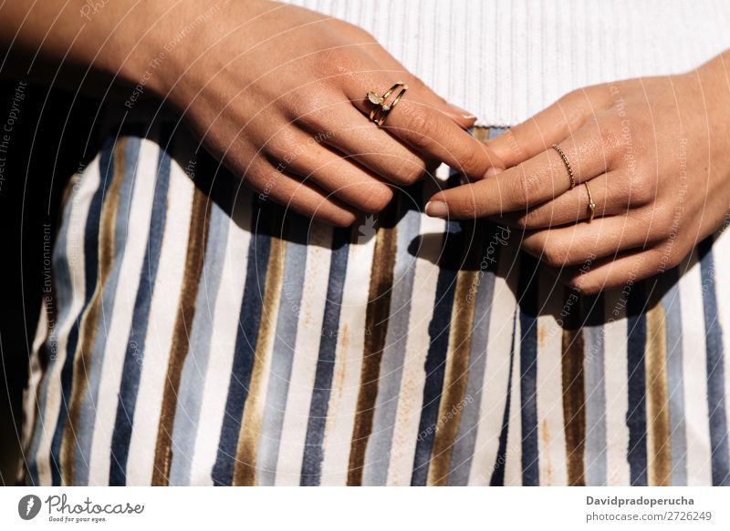 Crop woman hands with rings on the street Hand Woman Close-up Portrait photograph Youth (Young adults) pretty nails Manicure Town Crops Partially visible