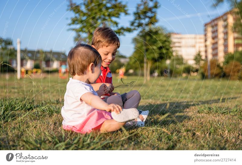 Baby girl and child playing sitting on a grass park Lifestyle Joy Happy Beautiful Leisure and hobbies Playing Summer Garden Child Human being Toddler