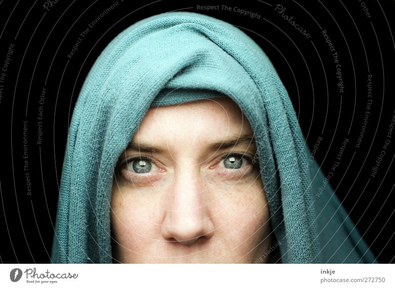 Seeing is believing? Lifestyle Woman Adults Face Face of a woman Eyes 30 - 45 years Headscarf Looking Exceptional Dark Near Blue Black Emotions Moody