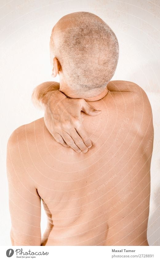 Man suffering of thoracic vertebrae or trapezius muscle pain Body Health care Illness Medication Massage Human being Adults Hand Muscular Pain Stress Neuralgia
