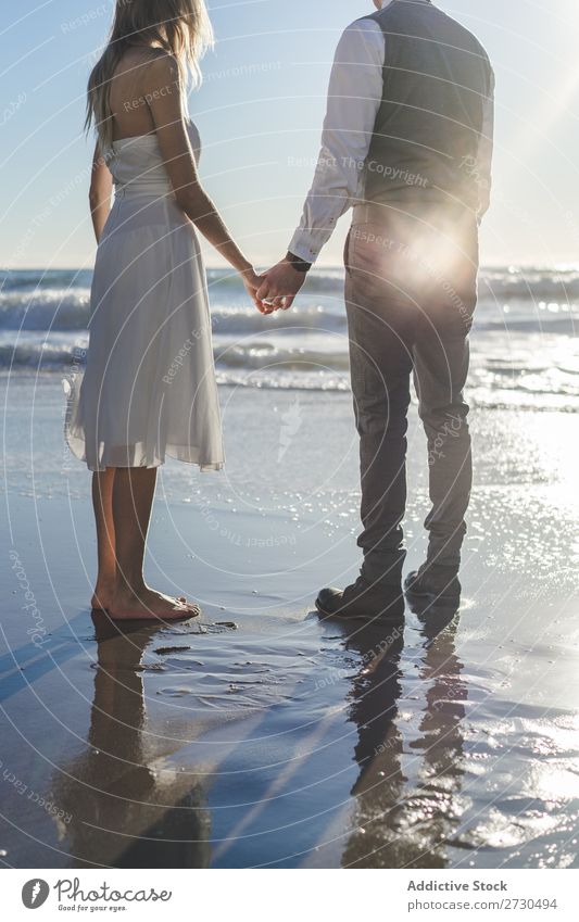 Beautiful bridal couple posing on shore Couple Beach Happiness seaside holding hands Cheerful Exterior shot Together Contentment Summer Dress Wedding