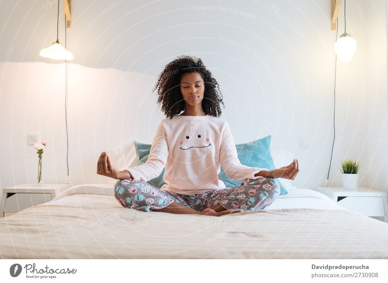 Young Black Woman Meditating Home Yoga Online Concept Free Space