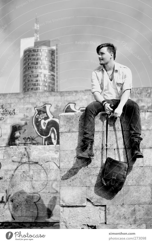 rest 1 Human being Style Graffiti Wall (barrier) High-rise Retro Bag Youth (Young adults) Break Shirt Boots Hip-hop Hip & trendy Modern Vantage point Young man