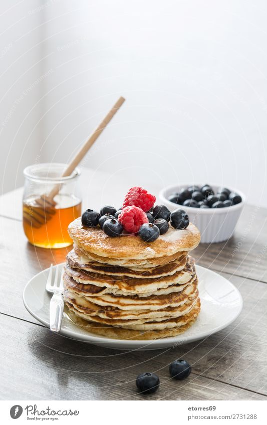 American pancakes with raspberries and blueberries Pancake Blueberry Raspberry Dessert Sweet Breakfast Delicious Kitchen Decoration Plate Food Healthy Eating