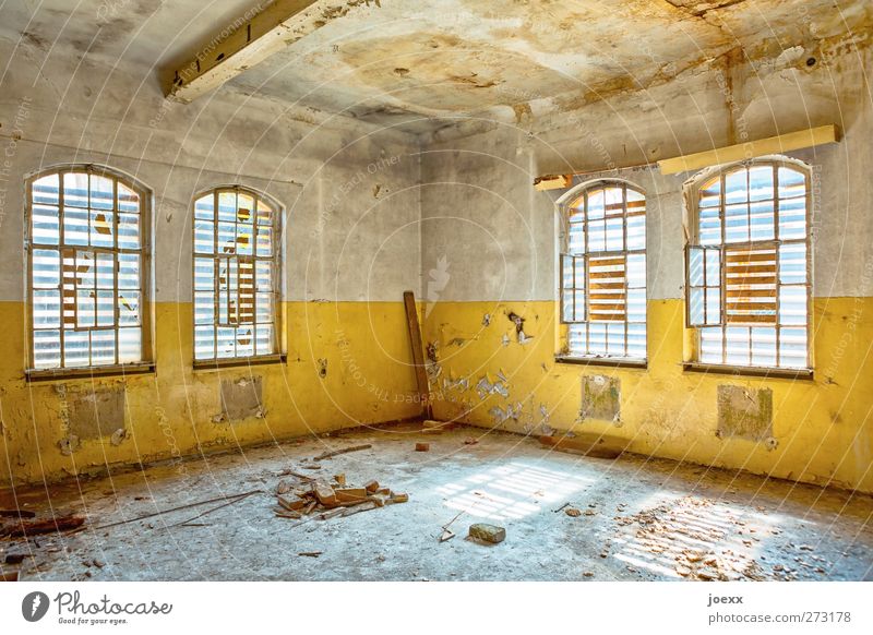 Room free Ruin Wall (barrier) Wall (building) Window Old Bright Broken Retro Blue Brown Yellow White Bizarre Decline Transience Colour photo Multicoloured
