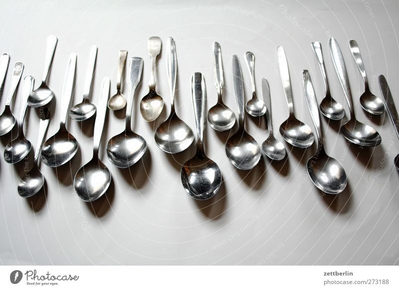 Spoon for sale Nutrition Crockery Cutlery Metal Lie Many Crowd of people Selection Row spoon up give Colour photo Subdued colour Interior shot Deserted Day