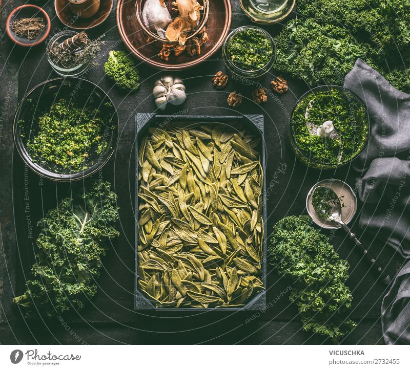Green pasta with green cabbage Food Vegetable Herbs and spices Nutrition Organic produce Vegetarian diet Diet Italian Food Crockery Style Design Healthy Eating