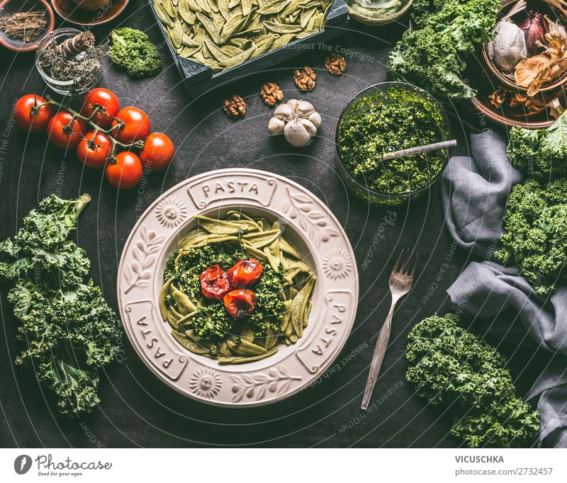 Green noodles with green cabbage pesto and grilled tomatoes Food Vegetable Nutrition Lunch Organic produce Vegetarian diet Diet Italian Food Crockery Plate
