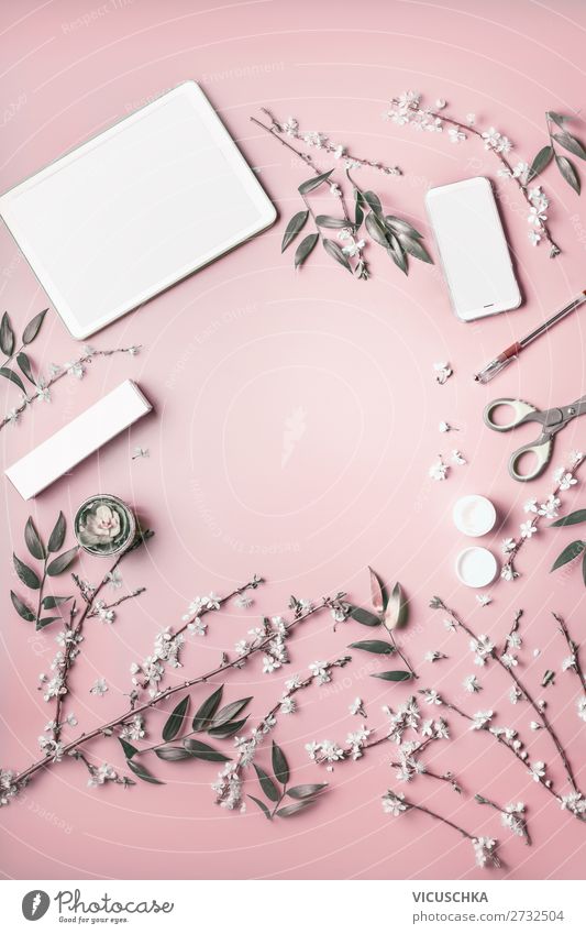Smartphone and tablet pc mock up with flowers and cosmetics Shopping Style Design Desk Business Cellphone PDA Computer Internet Feminine Flower Stationery