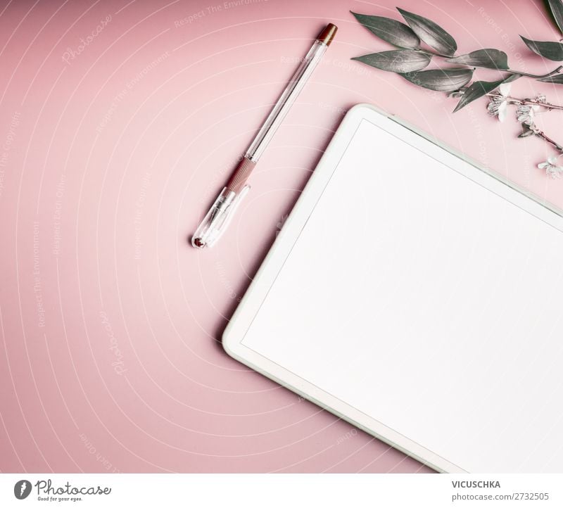 Tablet PC with blank screen on pink background Design Desk Business Notebook Screen Technology Telecommunications Internet Feminine Fashion Hip & trendy Pink