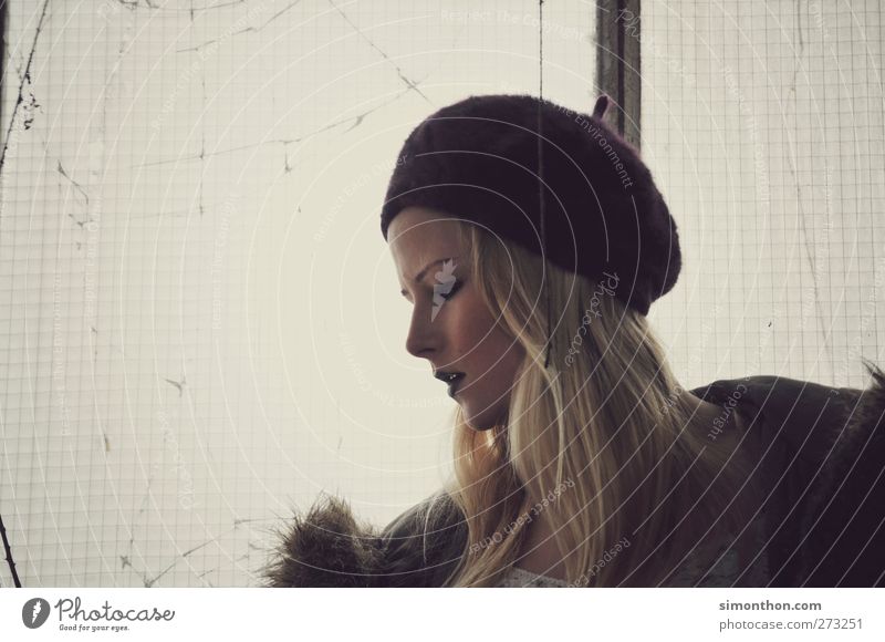 profile 1 Human being Blonde Cold Beautiful Eroticism Feminine Wild Emotions Moody Cap Hair and hairstyles Winter Slice Window View from a window Meditative