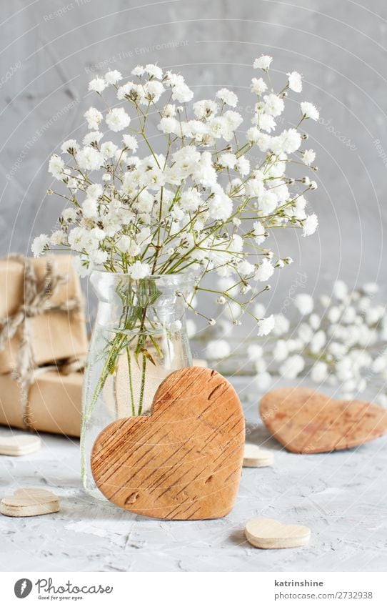 Bouquet of small white flowers and wooden hearts Bottle Beautiful Decoration Valentine's Day Wedding Craft (trade) Woman Adults Flower Blossom Wood Heart Small