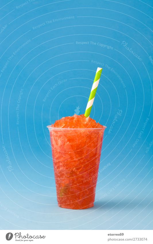 Strawberry slushie with blue background Summer Granite Beverage Drinking Ice Plastic Glass Cold Berries Dessert Sweet Candy row Cup flavour Cool (slang) Froth