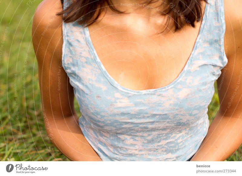 Look me in the eye, you pig! Chest Pride Breasts Human being Woman Section of image Summer Summer clothing Top Meadow Exterior shot Grass Anonymous Young woman