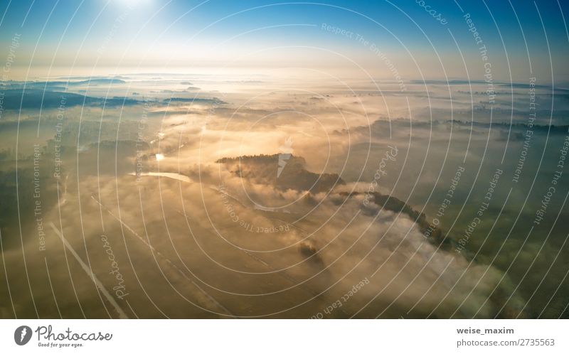 Aerial view of morning foggy sunrise and rural fields Lifestyle Beautiful Vacation & Travel Summer Sports Environment Nature Landscape Sky Clouds Horizon Autumn