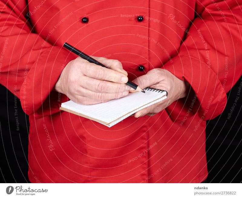 chef in red uniform holding a blank notebook Kitchen Restaurant Work and employment Profession Cook Human being Man Adults Hand Clothing Shirt Suit Jacket Paper