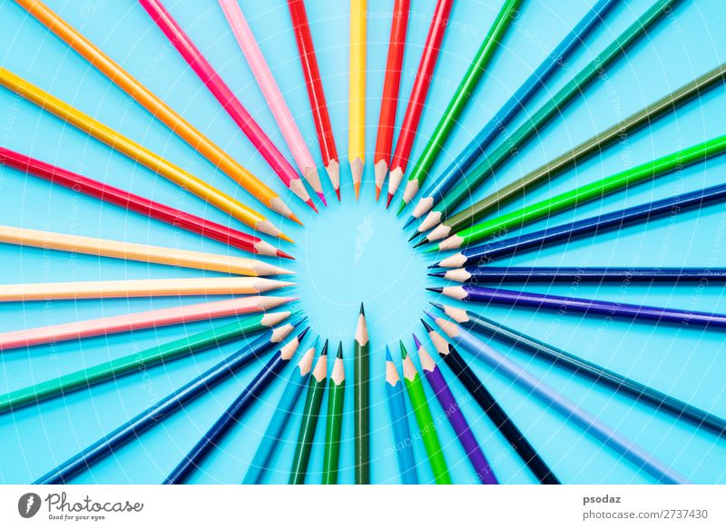 Idea sharing concept, multicolored pencils on blue background Leisure and hobbies Child School Work and employment Office Business Meeting Group Art Paper Pen