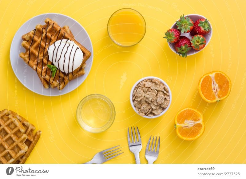 Breakfast belgian with waffles with ice pattern Waffle Dessert Ice cream Belgian Belgium White Yellow Candy Food Healthy Eating Food photograph