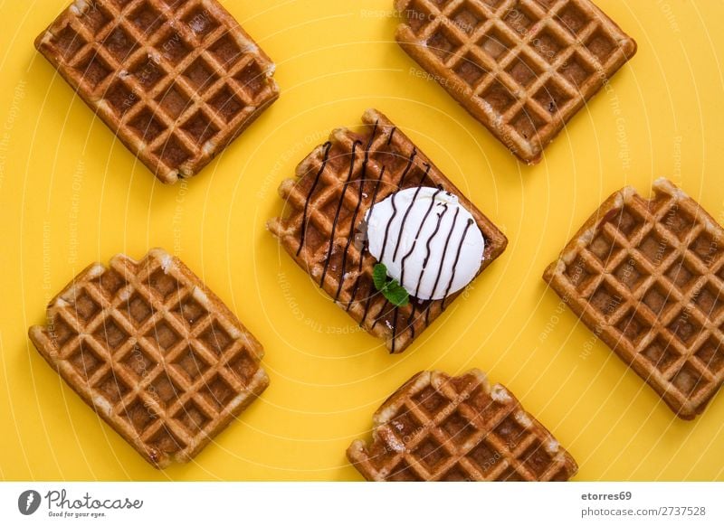 Breakfast belgian with waffles with ice pattern Waffle Dessert Ice cream Belgian Belgium White Yellow Sweet Food Healthy Eating Food photograph