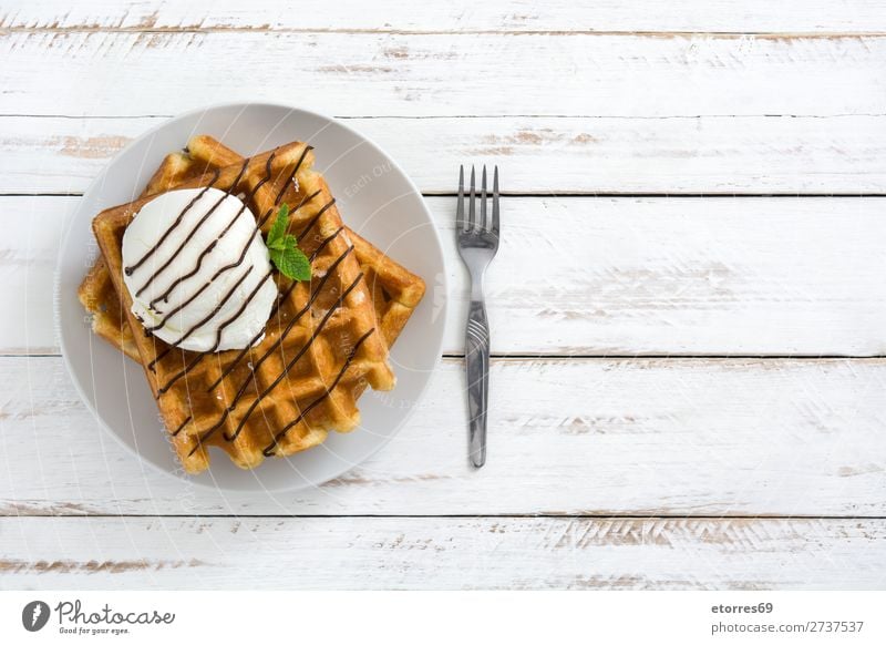 Breakfast belgian with waffles with ice on white wooden table Waffle Dessert Ice cream Belgian Belgium White Yellow Sweet Candy Food Healthy Eating