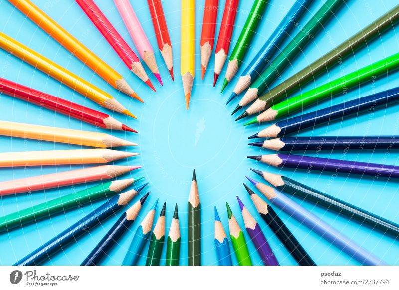 Idea sharing concept, multicolored pencils on blue background Leisure and hobbies Child School Work and employment Office Business Meeting Group Art Paper Pen
