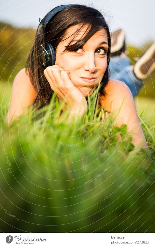 Music & Grass Woman Human being Summer Meadow Lie Listening Headphones MP3 player CD player Walkman Joy Bird's-eye view Sun Sunbeam Laughter Smiling Relaxation