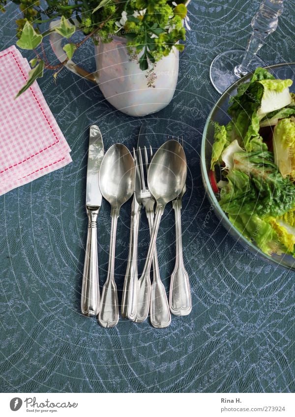Table cover you II Lettuce Salad Nutrition Cutlery Knives Fork Spoon Blue Green Pink Tablecloth Napkin Colour photo Exterior shot Deserted Bird's-eye view