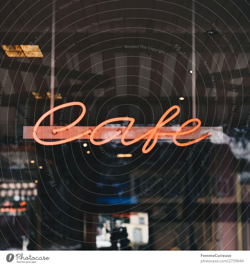 Neon sign with 'Cafe' Sign Signage Warning sign Leisure and hobbies Neon light Logo Characters Café Illuminate Colour photo Exterior shot Artificial light