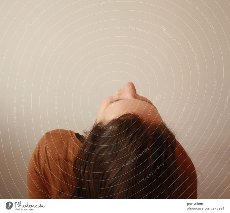 Woman tosses her hair back. Face parallel to the ceiling. Look up. Brown hair Human being Feminine Young woman Youth (Young adults) Adults Head